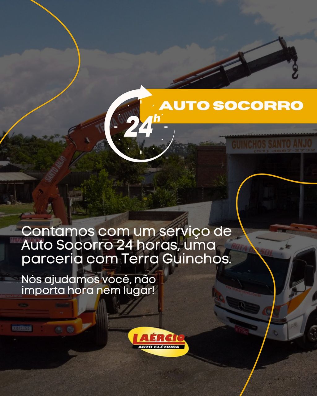 Caminhões-guincho da parceria com a Terra Guinchos, que atende a Auto Elétrica Laércio 24 horas